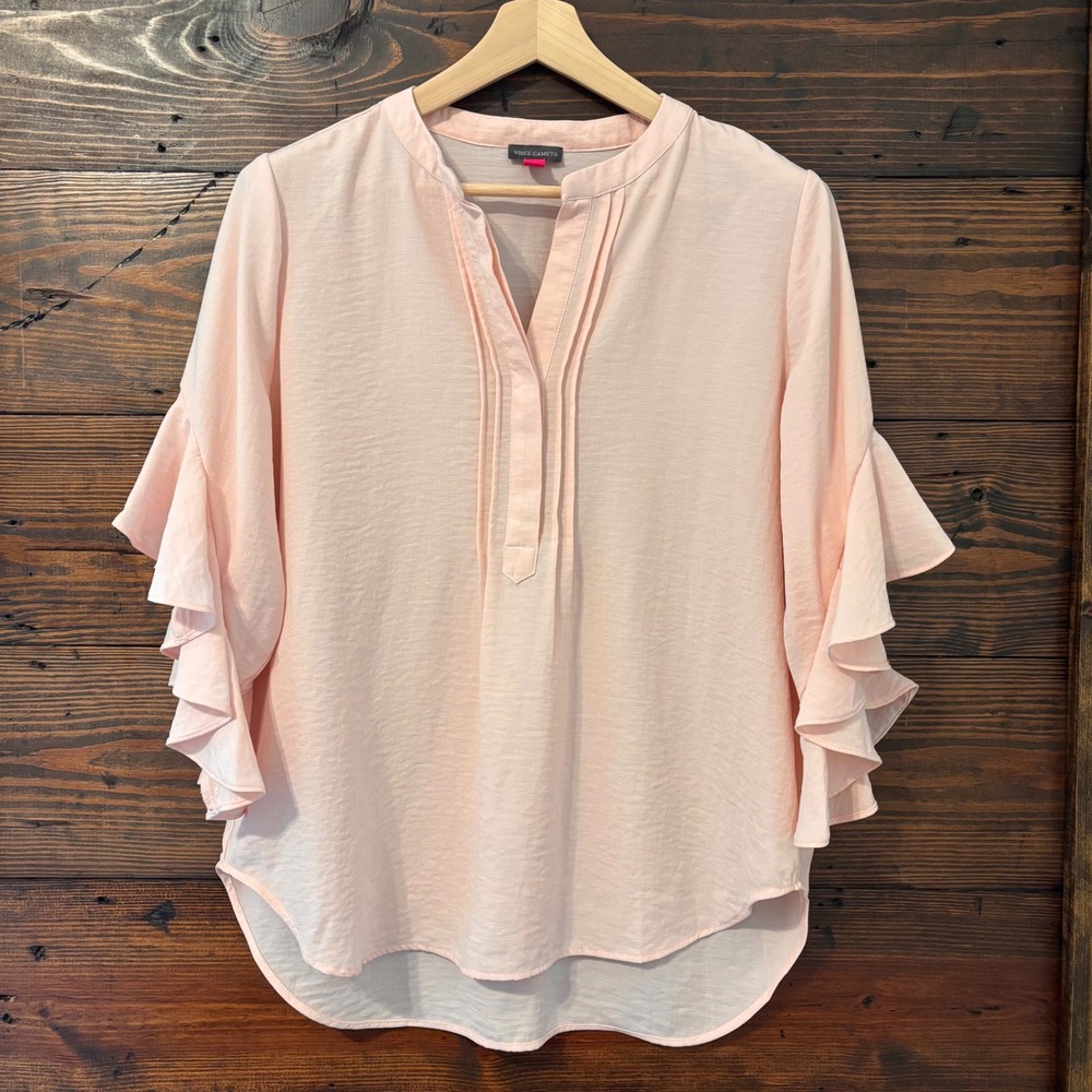 Vince Camuto Ruffle Sleeve Blouse Women's L Pink Split Neck Flowy Feminine Chic